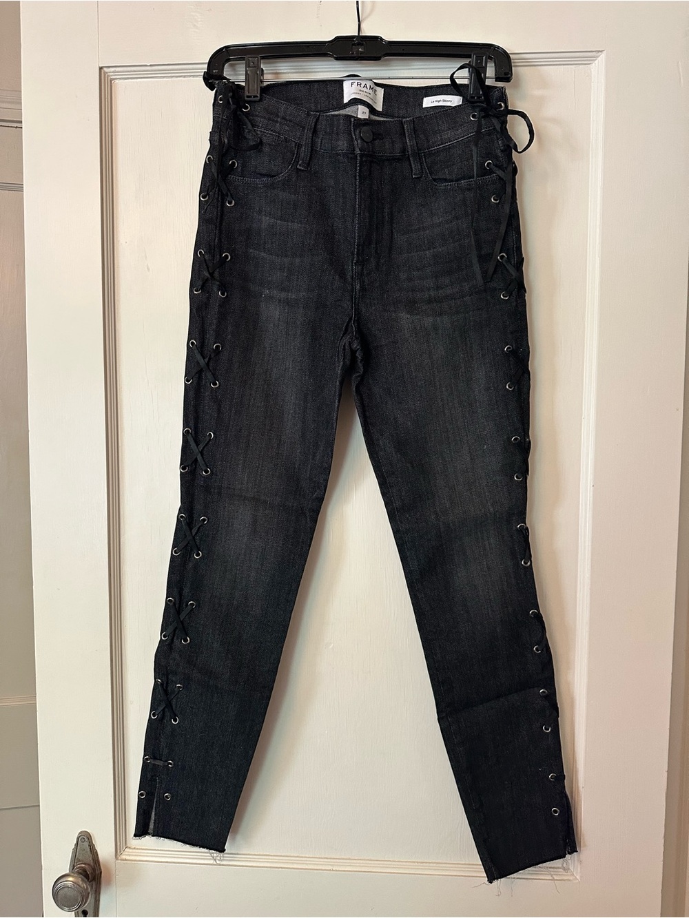 Frame Denim Lace-Up High Rise Skinny Jean in washed black